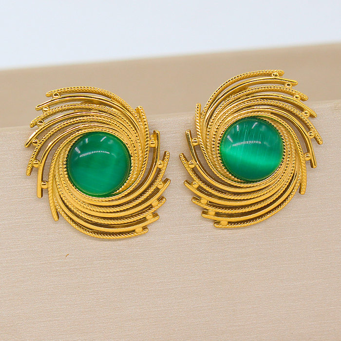 1 Pair Classic Style Round The Answer Inlay Stainless Steel  Artificial Gemstones Ear Studs