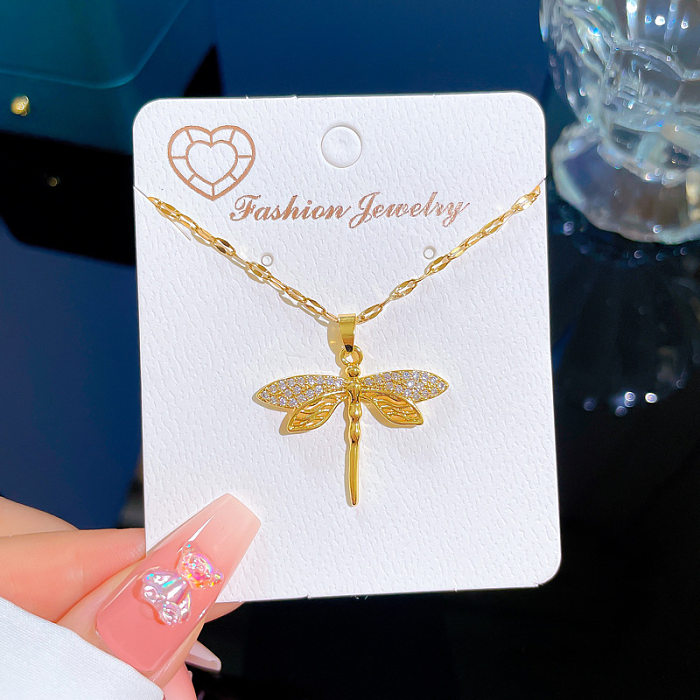 Classic Style Dragonfly Stainless Steel Inlay Artificial Gemstones Pendant Necklace
