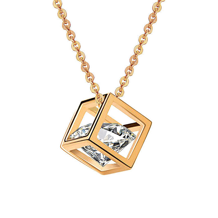 Collier pendentif carré en acier inoxydable, Style moderne, incrustation creuse en Zircon plaqué or 18 carats