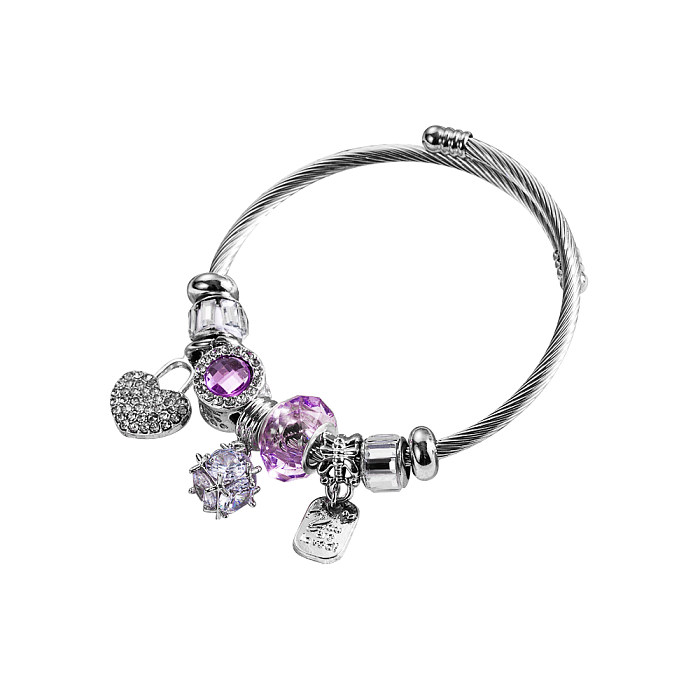 Wholesale Elegant Cute Heart Shape Lock Stainless Steel Alloy Beaded Hollow Out Inlay Rhinestones Bangle