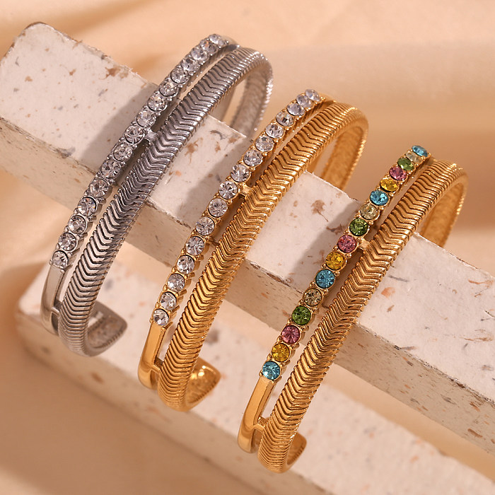 Bracelets de manchette en acier inoxydable plaqué or 18 carats, style simple et classique, couleur unie, strass, en vrac
