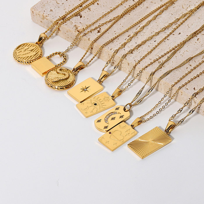 New 18K Gold Plated Stainless Steel  Necklace Fashion Personality Necklace Square Tarot Stamp Pendant Necklace Ornament
