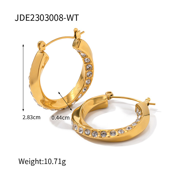 1 paire de boucles d'oreilles créoles plaquées or 18 carats, style moderne, incrustation ronde en acier inoxydable, diamant artificiel