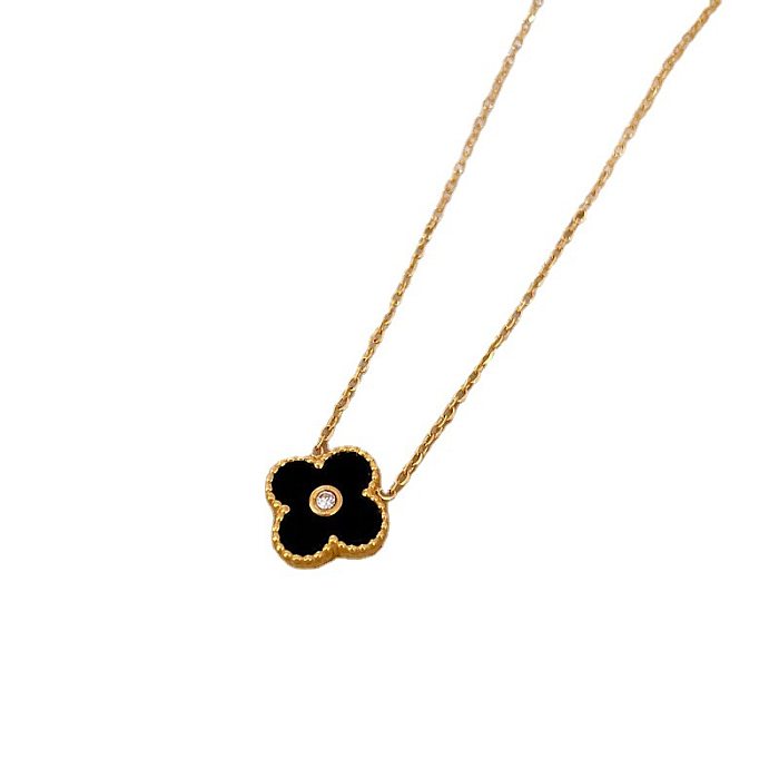 IG Style Simple Style Four Leaf Clover Stainless Steel Plating Inlay Shell Zircon Necklace