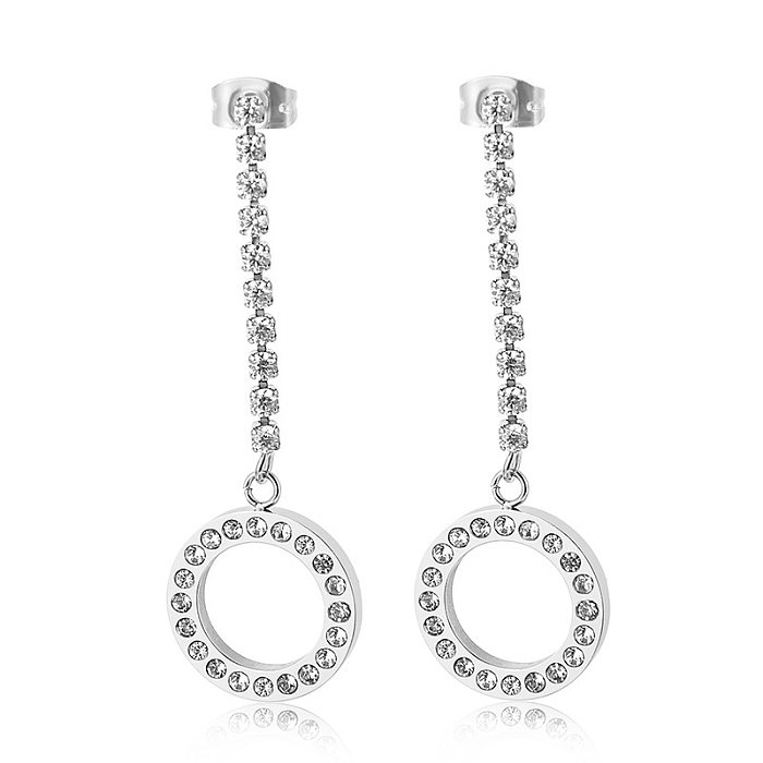 Boucles d'oreilles longues en acier inoxydable avec diamants et cercles creux créatifs pour femmes