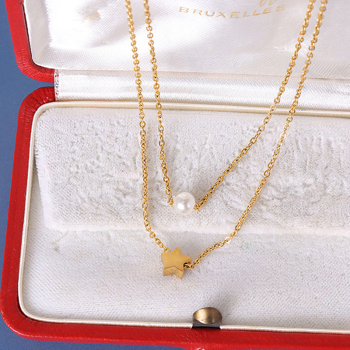 Five-pointed Star Pendant Imitation Pearl Necklace Double Layered Stainless Steel Clavicle Chain
