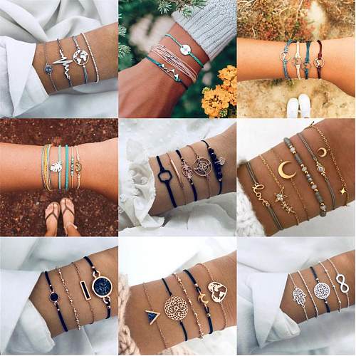 Casual Retro Simple Style Letter Rainbow Moon Stainless Steel Alloy Beaded Drawstring Inlay Artificial Diamond Gold Plated Silver Plated Bracelets