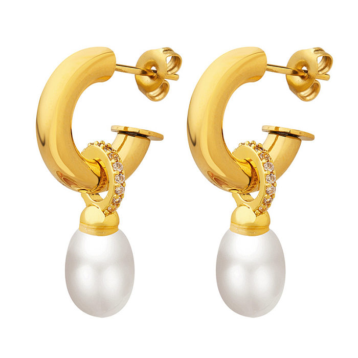 Boucles d'oreilles géométriques en acier inoxydable, Style Vintage, perles artificielles, Zircon, 1 paire