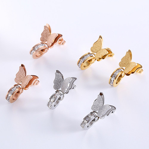 1 paire de papillons de style classique élégant incrusté de papillons en acier inoxydable diamant artificiel plaqué or 18 carats clous d'oreilles plaqués or rose