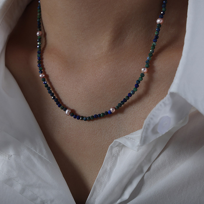 Elegante estilo barroco Color sólido Perla de agua dulce Acero inoxidable Lapislázuli Collar chapado en oro de 18 quilates a granel