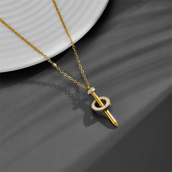 Casual Simple Style Circle Solid Color Nail Stainless Steel Plating Inlay Zircon Pendant Necklace