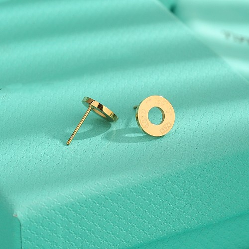 1 Pair Elegant Classic Style Round Number Carving Stainless Steel  Ear Studs