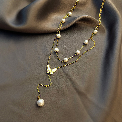 Colliers superposés élégants et sexy en acier inoxydable avec incrustation de perles artificielles et coquillages plaqués or 18 carats