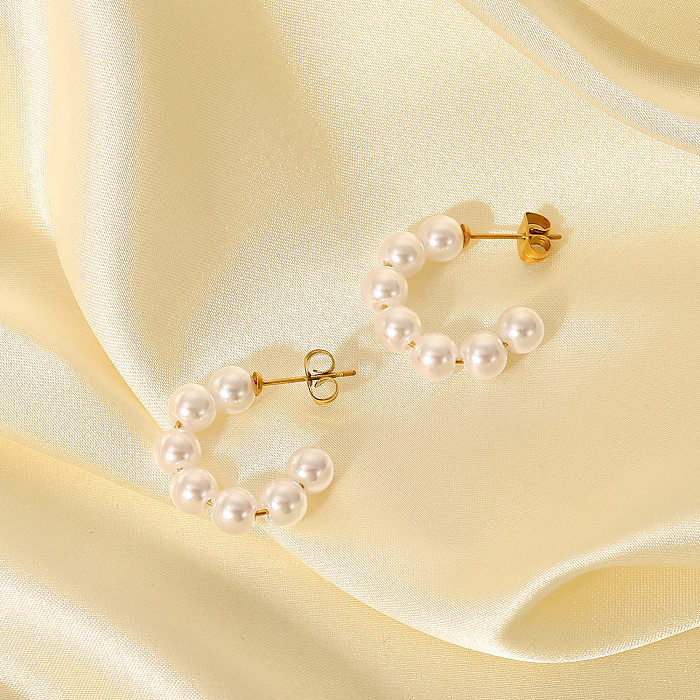 Simple 20mm Large Pearl C-shaped 18K Gold-plated Stainless Steel  Earrings