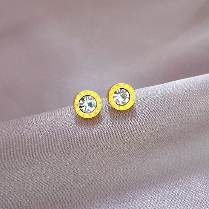 1 Pair Simple Style Round Number Plating Inlay Stainless Steel Zircon Ear Studs