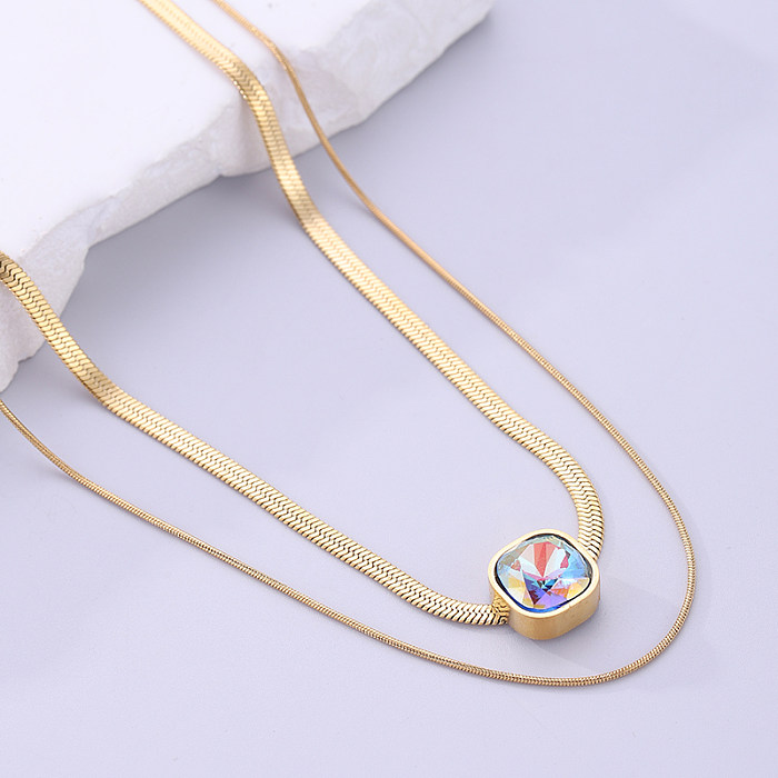 Simple Style Square Stainless Steel  Plating Inlay Zircon 18K Gold Plated Double Layer Necklaces