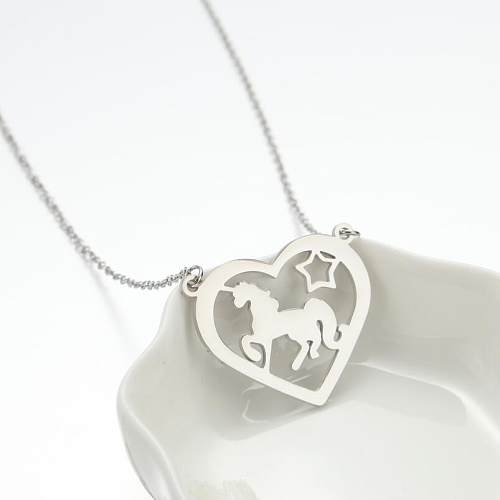 Fashion Heart Shape Unicorn Stainless Steel  Hollow Out Pendant Necklace