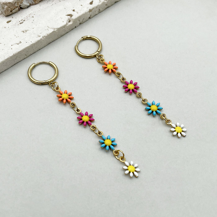 1 Pair Cute Sweet Flower Stainless Steel  Polishing Enamel Plating Gold Plated Drop Earrings