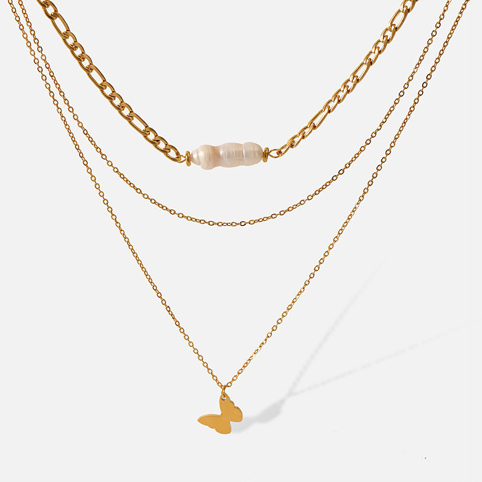 Großhandel mit eleganten Schmetterlings-Edelstahl-Halsketten mit 18-karätigem Goldüberzug und mehrlagigen Perlenketten