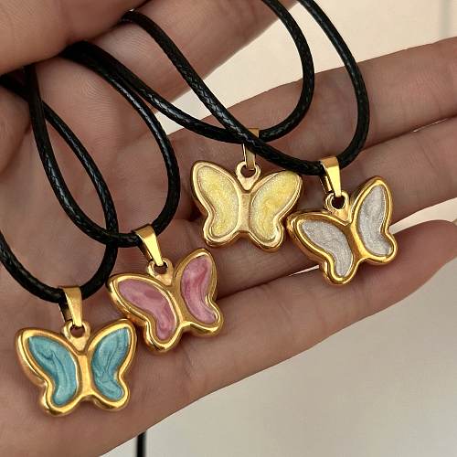 Classic Style Butterfly Stainless Steel Enamel Pendant Necklace