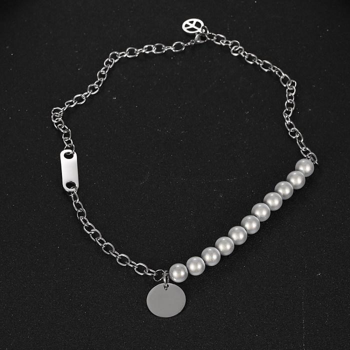 Collier avec pendentif en perles rondes en acier inoxydable, style simple