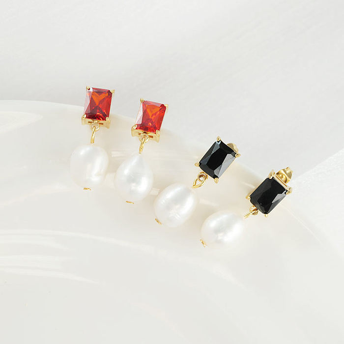 Boucles d'oreilles pendantes en acier inoxydable, 1 paire, Style Simple, incrustation carrée, perle, Zircon, plaqué or 14 carats