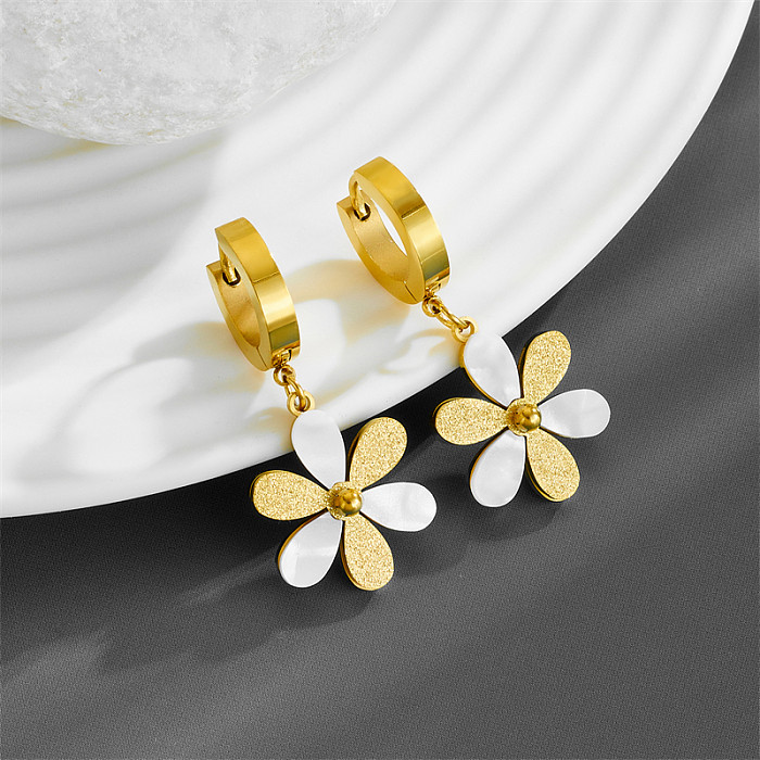 1 paire de boucles d'oreilles pendantes en acier inoxydable plaqué or, Style rétro Simple, plaqué fleur