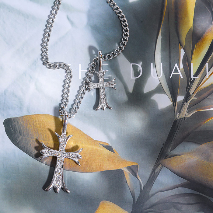 Retro-Streetwear-Kreuz-Anhänger-Halskette mit Edelstahl-Beschichtung, Inlay-Zirkon, 18 Karat vergoldet