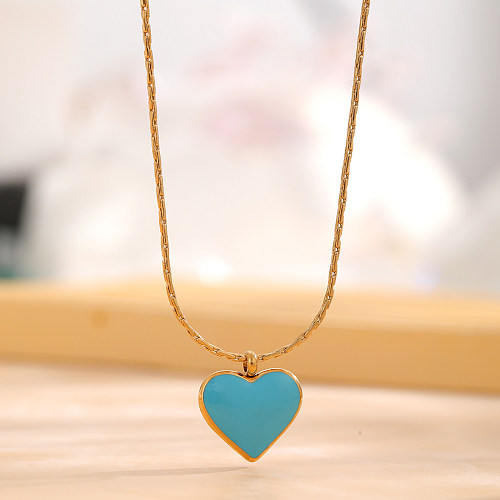 Collier avec pendentif en forme de cœur, Style rétro doux et classique, en acier inoxydable, plaqué or, plaqué émail