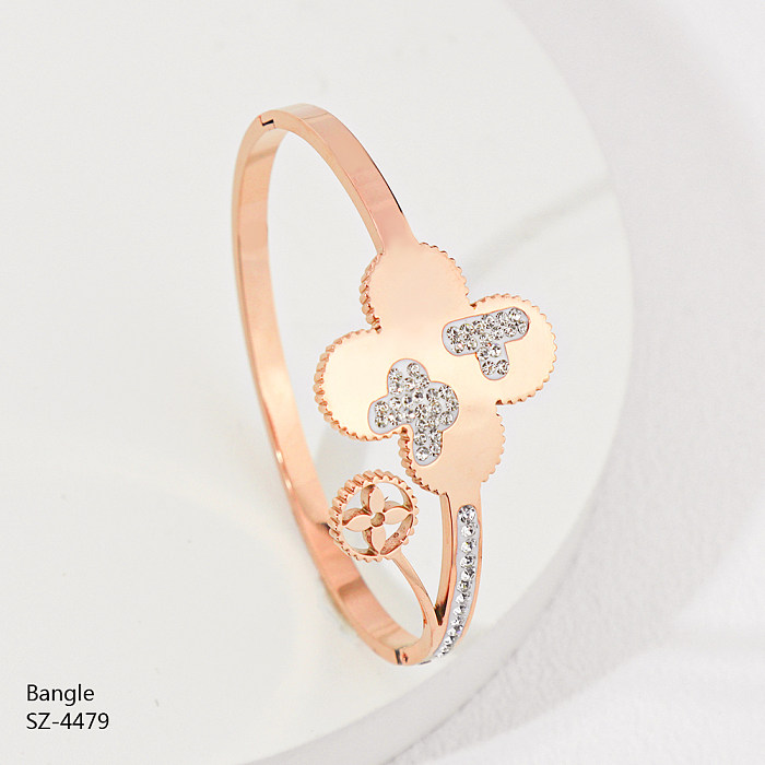 Simple Style Four Leaf Clover Eye Stainless Steel Epoxy Plating Inlay Rhinestones Rose Gold Plated Gold Plated Silver Plated Bangle