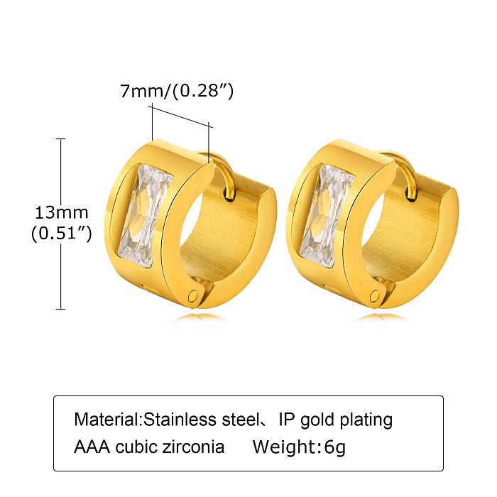 1 par elegante redondo quadrado listra chapeamento incrustação de aço inoxidável zircão brincos de argola banhados a ouro 18K