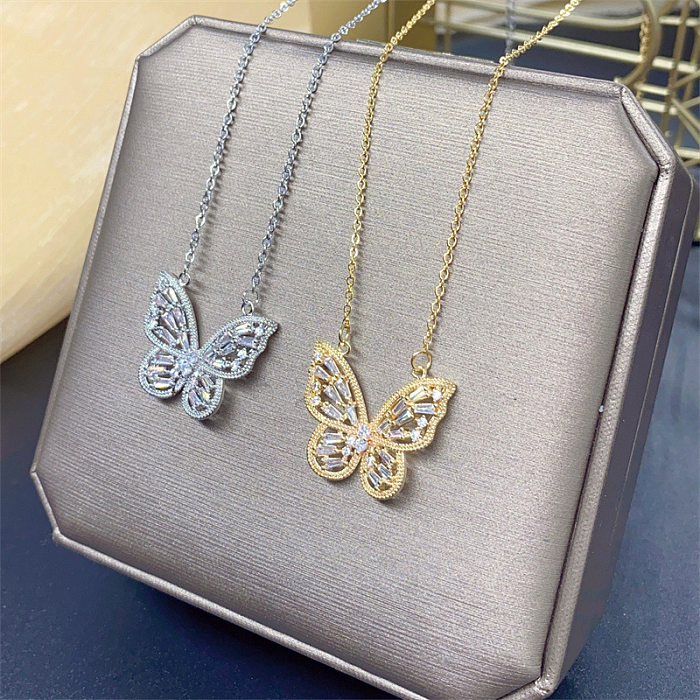 Retro Butterfly Stainless Steel Inlay Zircon Necklace