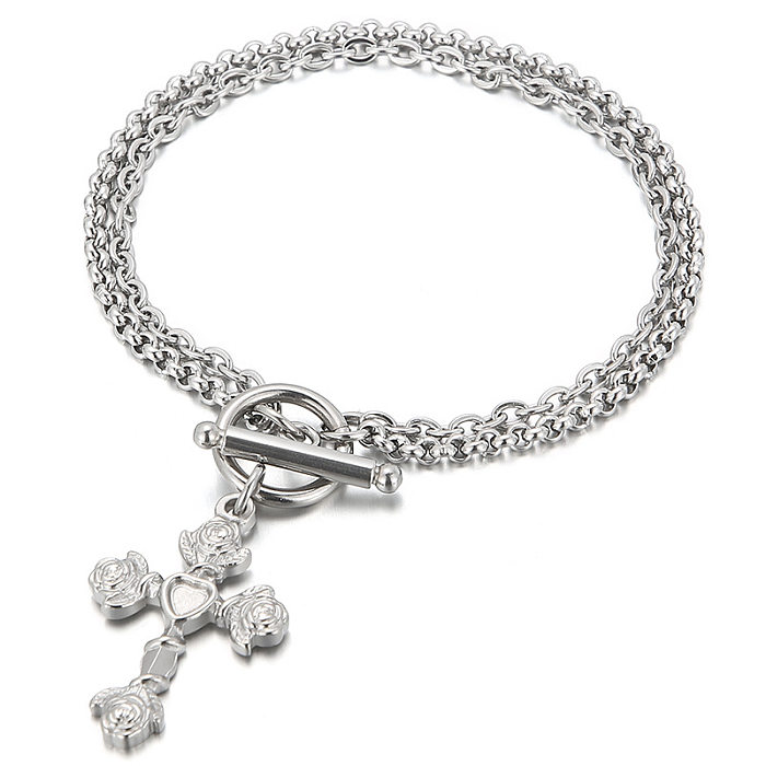 Stainless Steel Heart-shaped Rose Cross Pendant OT Buckle Double-layer Bracelet Wholesale Jewelry jewelry
