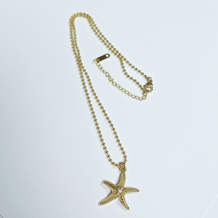 Beach Starfish Stainless Steel Polishing Plating Inlay Rhinestones 18K Gold Plated Necklace