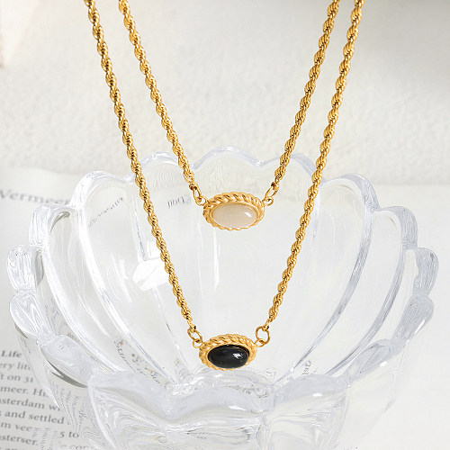 Vintage Style Streetwear Oval Stainless Steel Plating Inlay Acrylic Opal 18K Gold Plated Double Layer Necklaces