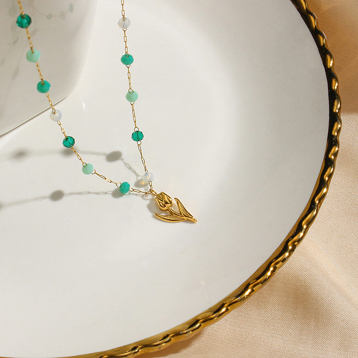 Collier en acier inoxydable avec fleurs à la mode, incrustation de perles, colliers en acier inoxydable