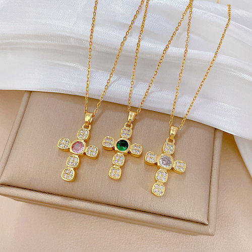 Exaggerated Cross Stainless Steel Copper Artificial Gemstones Pendant Necklace In Bulk