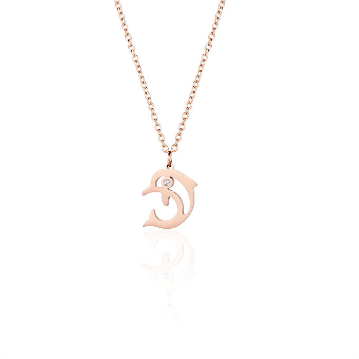 Casual Simple Style Classic Style Dog Dolphin Owl Stainless Steel  Stainless Steel Copper Plating Hollow Out Inlay Diamond Rose Gold Plated Pendant Necklace