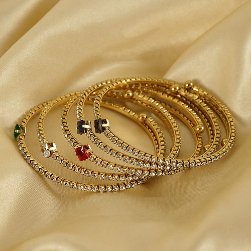 Brazalete chapado en oro de 18 quilates con circonita y diamantes de imitación láser de acero inoxidable geométrico elegante