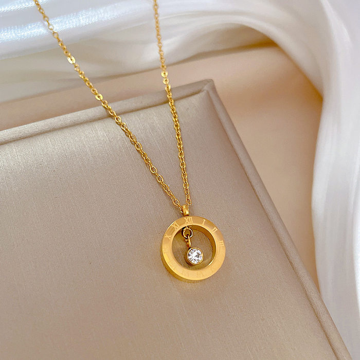 Simple Style Round Stainless Steel Copper Inlay Zircon Pendant Necklace
