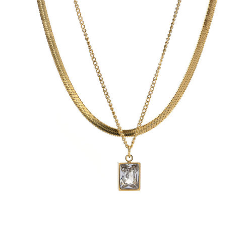 Simple Style Rectangle Stainless Steel Inlay Zircon 18K Gold Plated Layered Necklaces