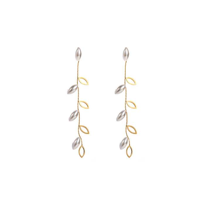 Boucles d'oreilles pendantes en acier inoxydable, 1 paire, Style moderne et décontracté, incrustation ronde, perle plaquée or