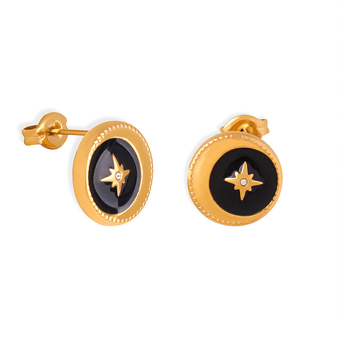 1 Pair Vintage Style Oval Enamel Plating Inlay Stainless Steel Zircon 18K Gold Plated Ear Studs