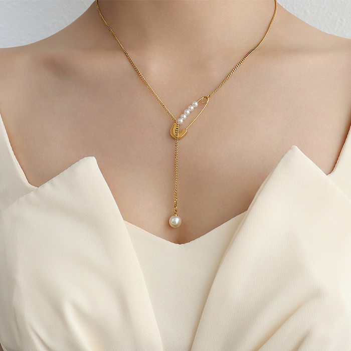 Imitation Pearl Pin Tassel Pendant Stainless Steel Necklace