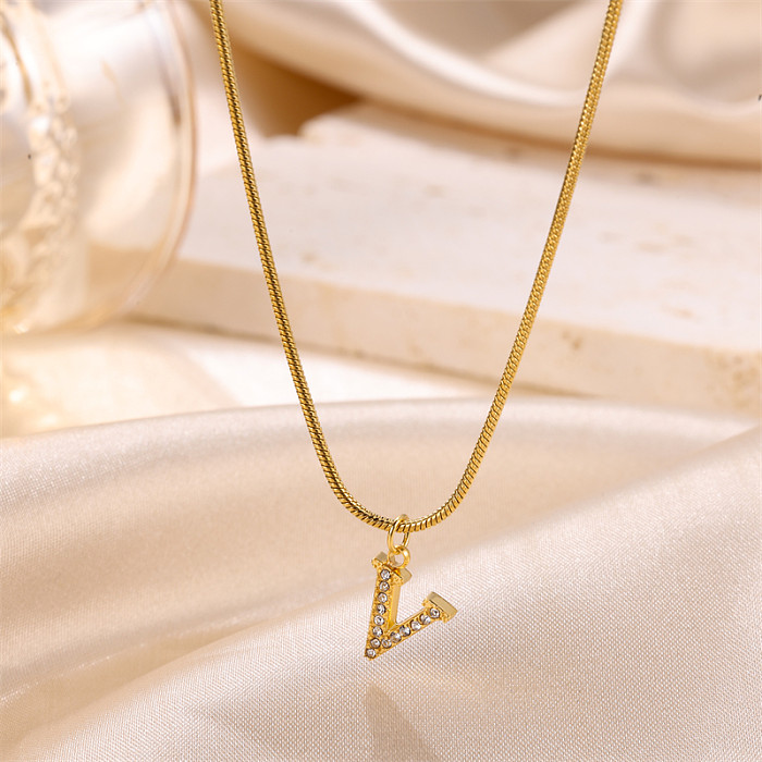 Sweet Simple Style Artistic Letter Stainless Steel  Plating Inlay Artificial Diamond 18K Gold Plated Pendant Necklace