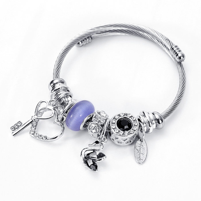 Casual Simple Style Swan Heart Shape Key Stainless Steel Inlay Artificial Gemstones Bangle