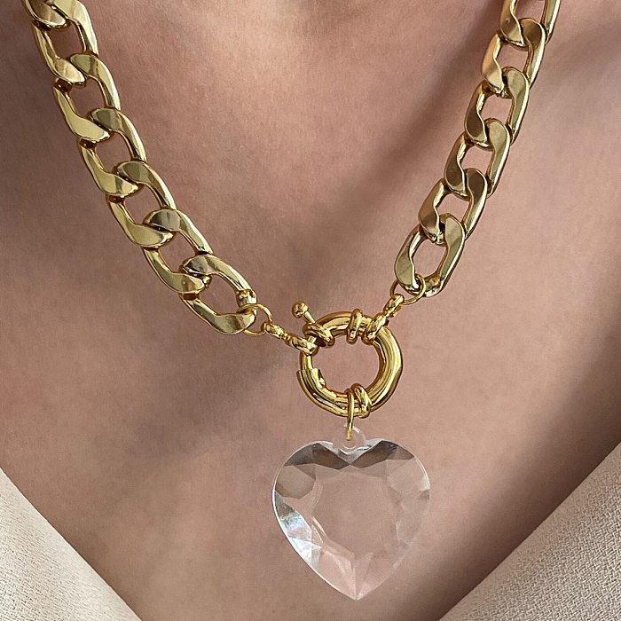 Hip-Hop Retro Punk Heart Shape Stainless Steel  Zircon Plating 18K Gold Plated Pendant Necklace