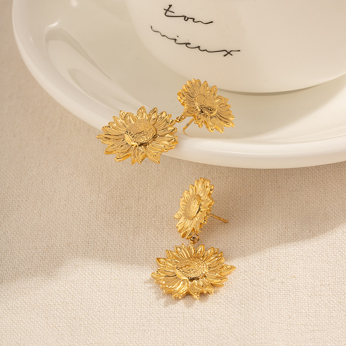 1 Paar lässige Sonnenblumen-Ohrringe aus Edelstahl mit 18-Karat-Vergoldung im IG-Stil