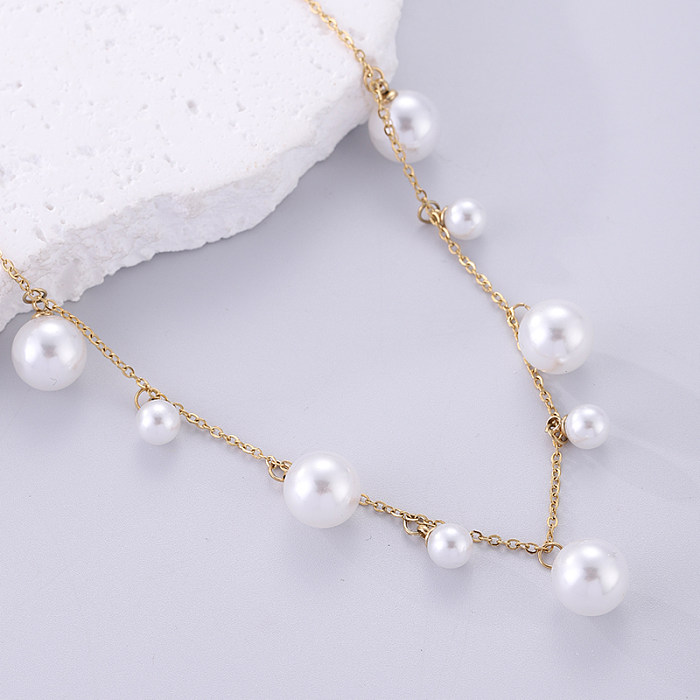 Lady Tassel Stainless Steel  Artificial Pearl Plating 18K Gold Plated Pendant Necklace