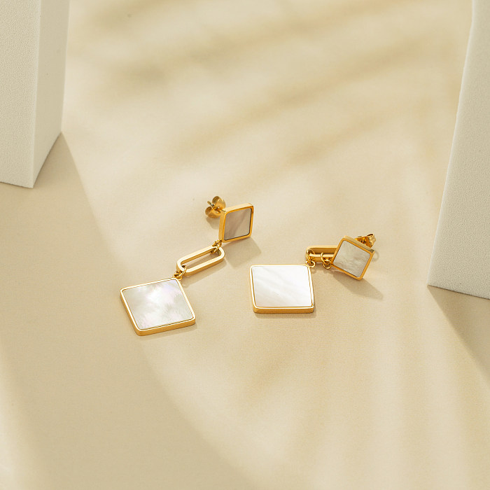 1 Pair Basic Simple Style Rhombus Plating Inlay Stainless Steel  Shell Rose Gold Plated Drop Earrings